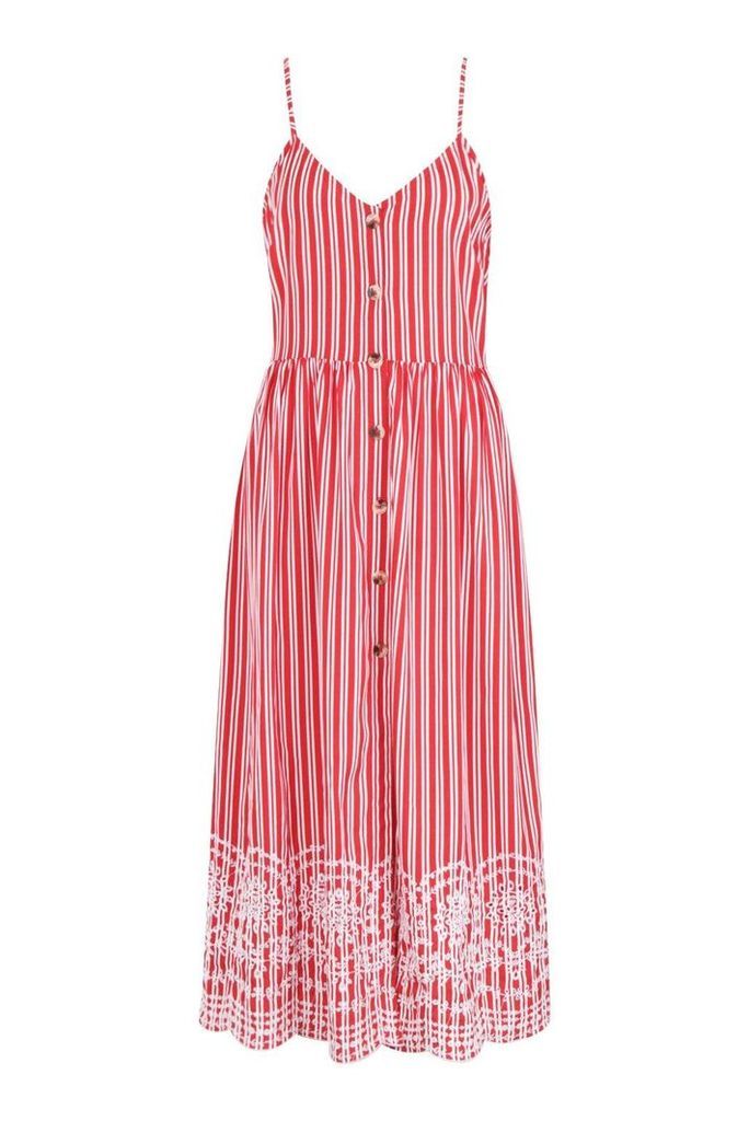 Womens Tall Stripe Embroidered Hem Midi Dress - 10, Red