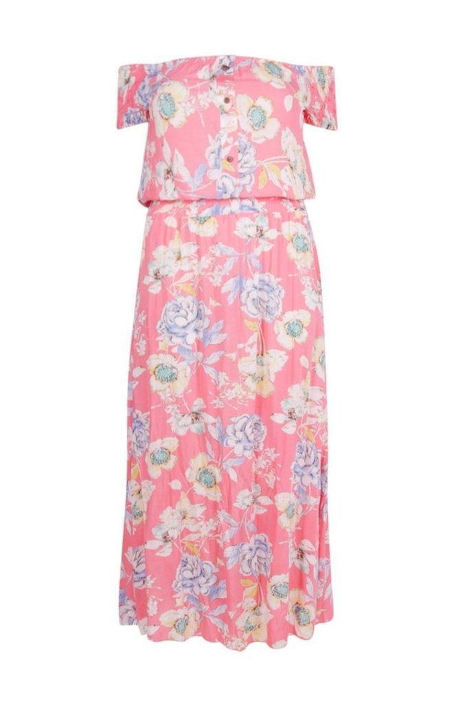 Womens Plus Floral Off The Shoulder Maxi Dress - Pink - 18, Pink