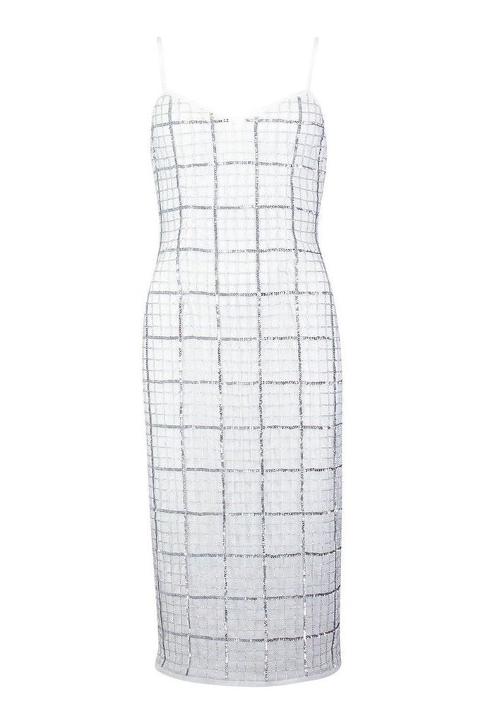 Womens Premium Hand Embellished V Neck Midi Dress - white - 6, White