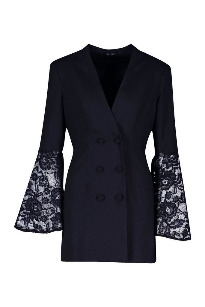 Womens Premium Lace Flared Sleeve Blazer Dress - black - 8, Black