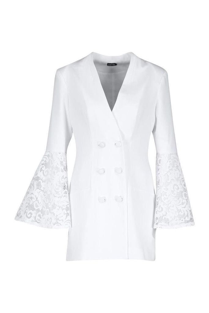 Womens Premium Lace Flared Sleeve Blazer Dress - white - 10, White