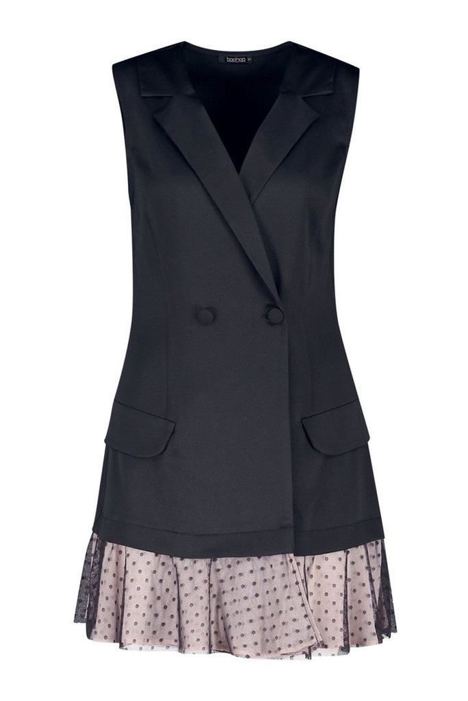 Womens Premium Satin Dobby Mesh Hem Blazer Dress - black - 10, Black