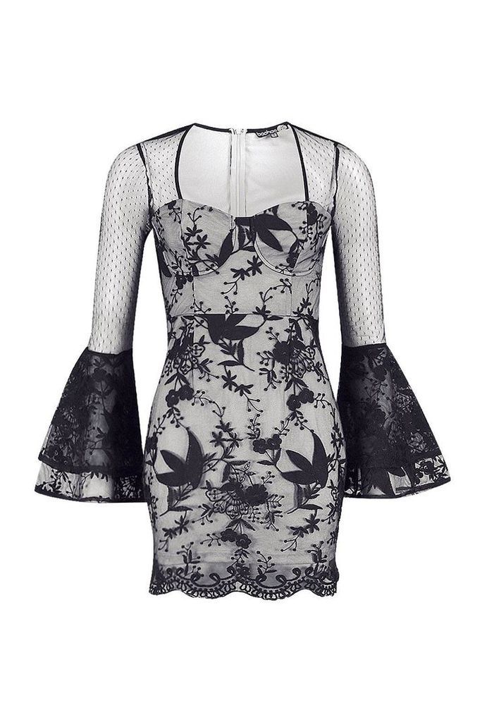 Womens Premium Lace Cupped Flare Sleeve Mini Dress - black - 6, Black