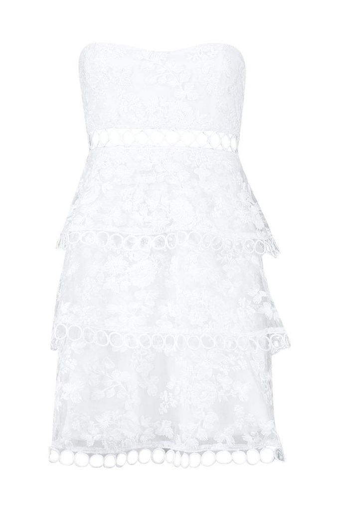 Womens Premium Bandeau Lace Tiered Skater Dress - white - 12, White