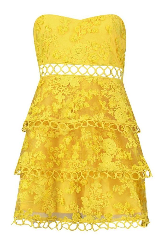 Womens Premium Bandeau Lace Tiered Skater Dress - yellow - 14, Yellow