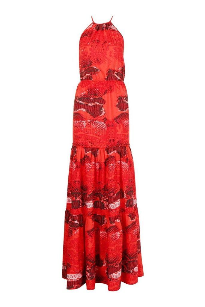 Womens Tall Snake Print Halterneck Maxi Dress - red - 10, Red