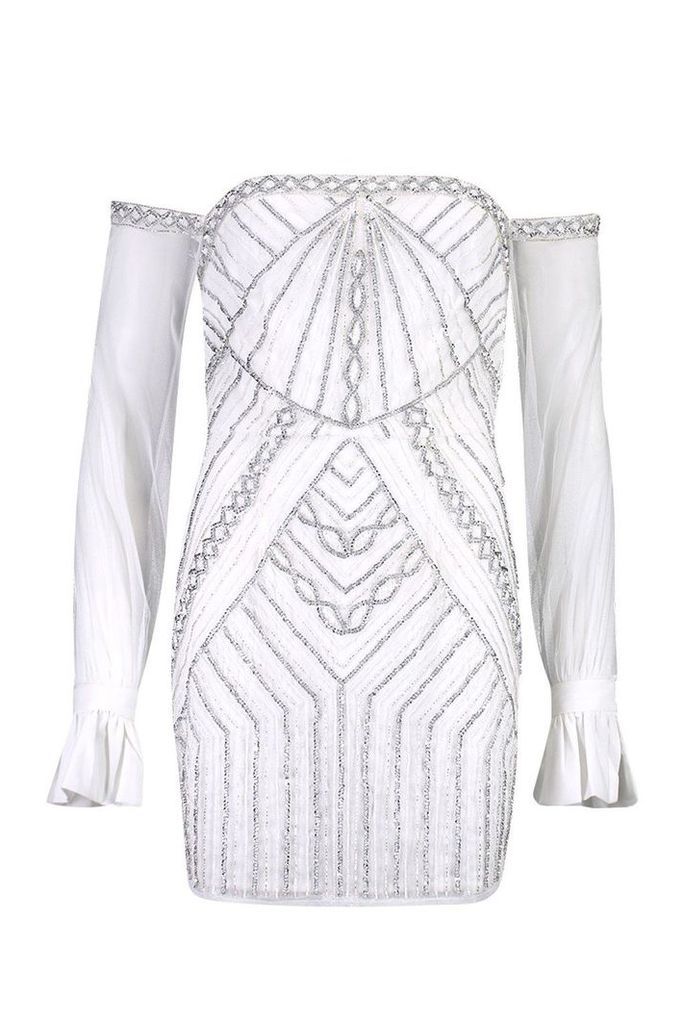 Womens Premium Embellished Off The Shoulder Mini Dress - white - 12, White
