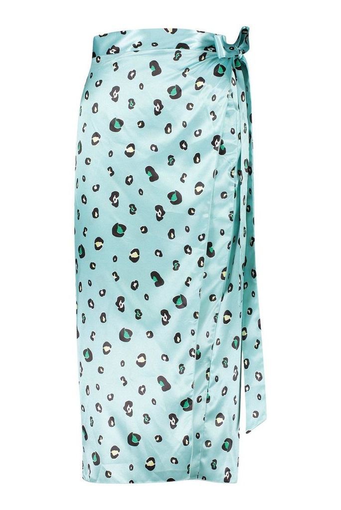 Womens Tall Leopard Print Satin Wrap Midi Skirt - green - 8, Green