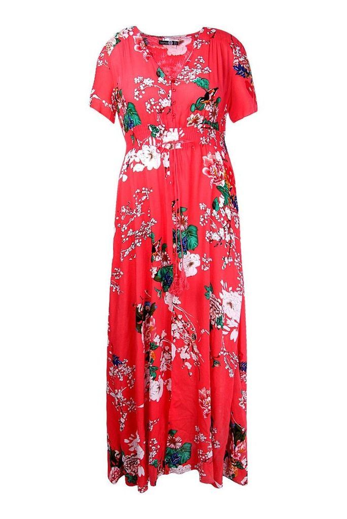 Womens Plus Floral Print Maxi Dress - red - 16, Red