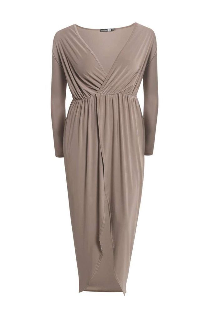 Womens Plus Slinky Wrap Front Maxi Dress - beige - 18, Beige