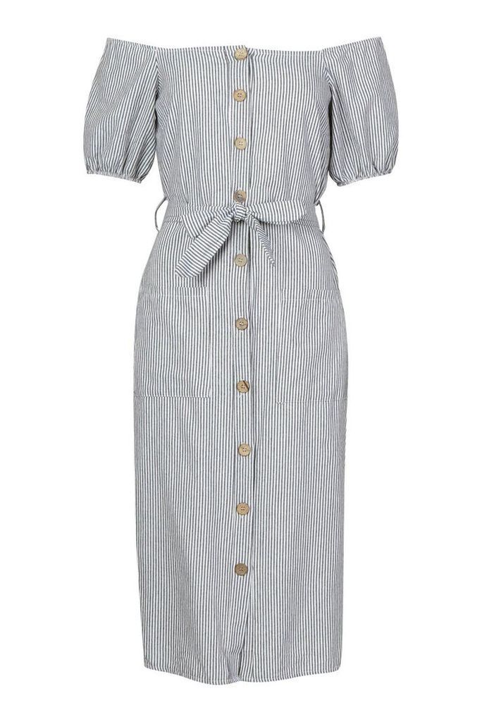 Womens Tall Button Front Stripe Linen Midi Dress - navy - 14, Navy