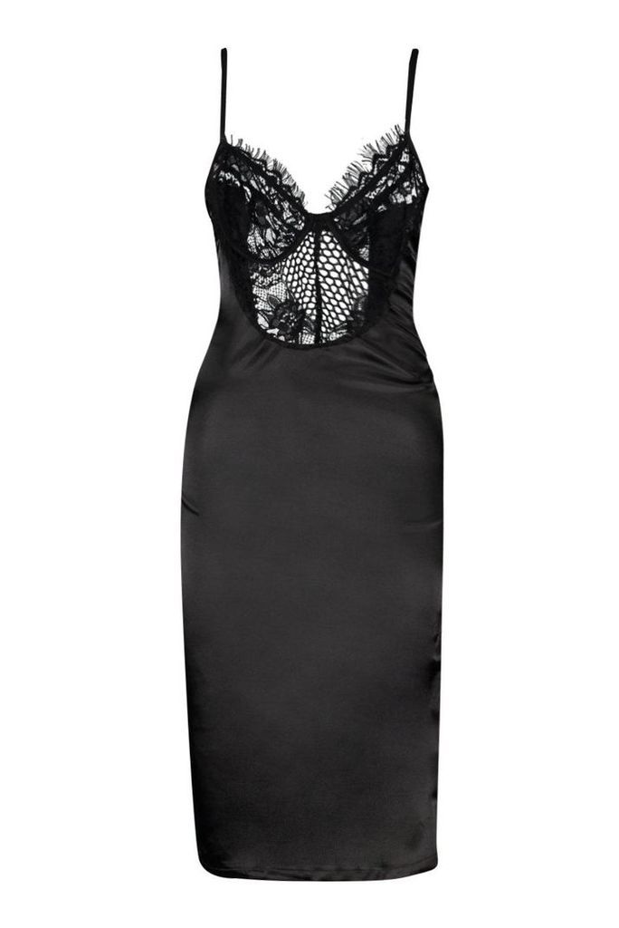 Womens Tall Satin Lace Cupped Bodycon Dress - black - M, Black
