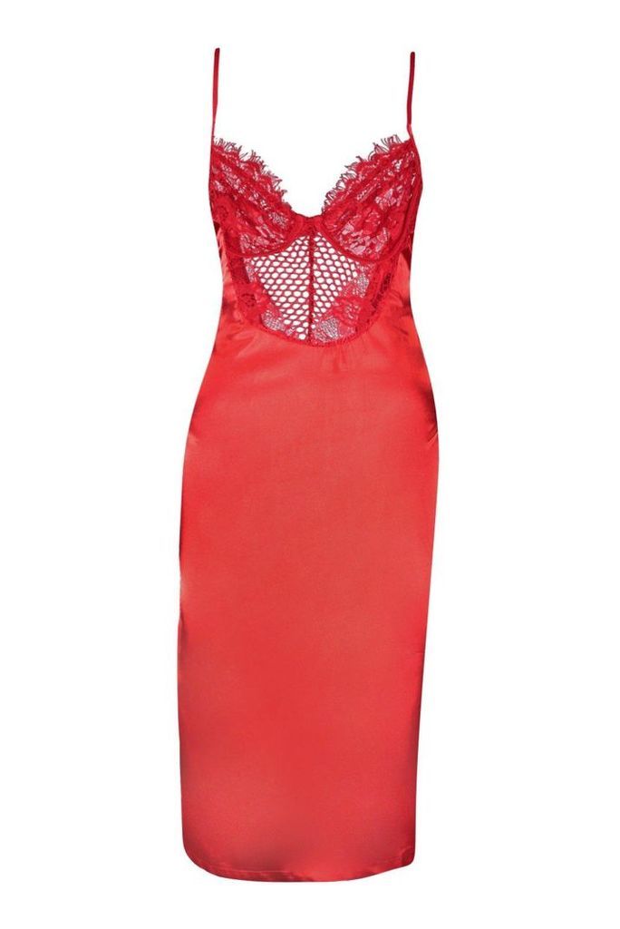 Womens Tall Satin Lace Cupped Bodycon Dress - red - M, Red