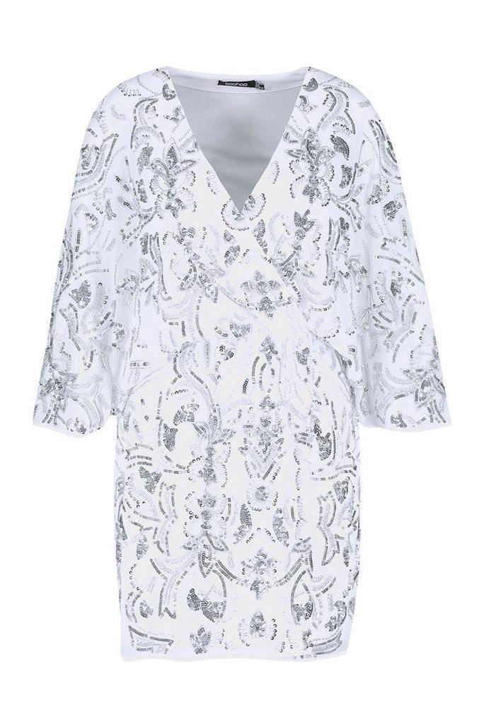 Womens Premium Hand Embellished Kimono Sleeve Dress - white - 8, White