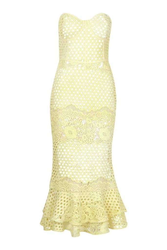 Womens Premium Lace Bandeau Fishtail Midi Dress - yellow - 8, Yellow