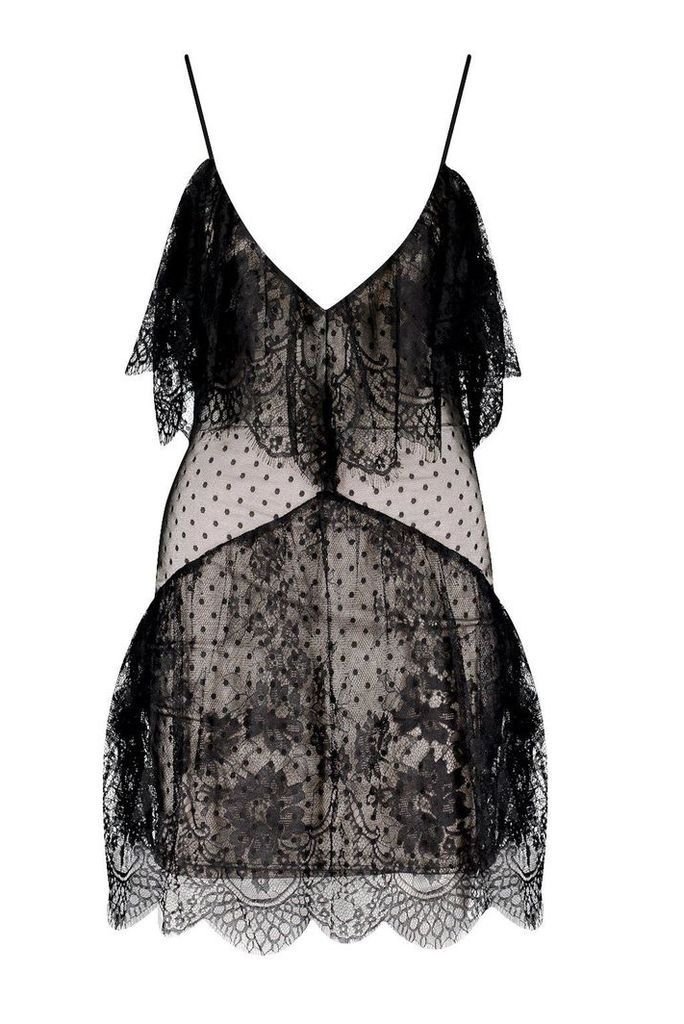 Womens Premium Strappy Lace Frill Hem Mini Dress - black - 8, Black