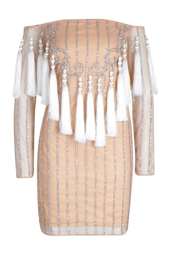 Womens Premium Embellished Off The Shoulder Fringe Dress - Beige - 10, Beige