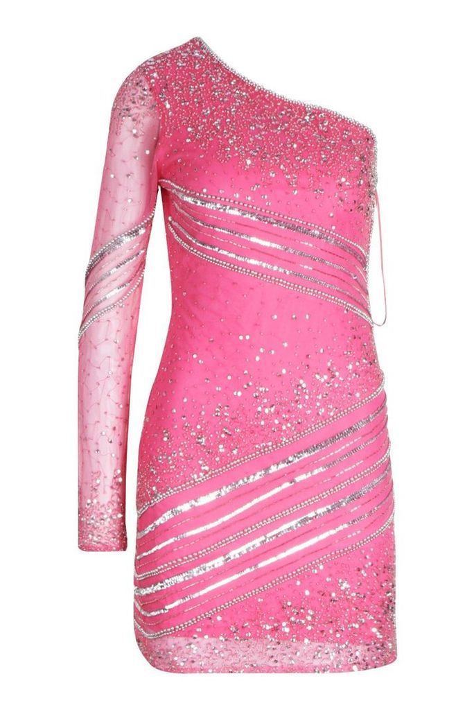 Womens Premium Hand Embellished One Shoulder Mini Dress - Pink - 12, Pink