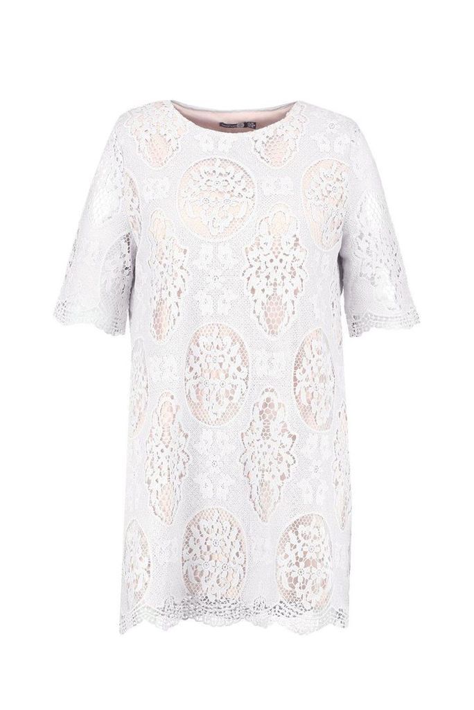 Womens Plus All Over Lace Shift Dress - white - 16, White