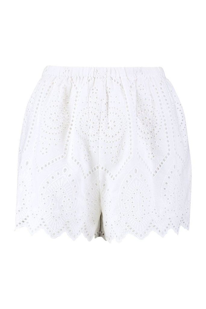 Womens Tall Scallop Hem Broderie Anglaise Shorts - white - 12, White