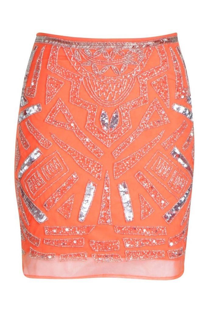 Womens Premium Hand Embellished Mini Skirt - orange - 14, Orange