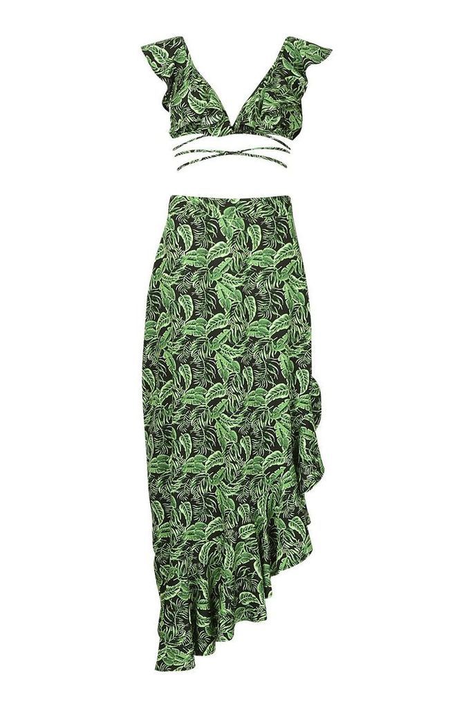 Womens Tall Leaf Print Ruffle Maxi Skirt Co-ord - black - 14, Black