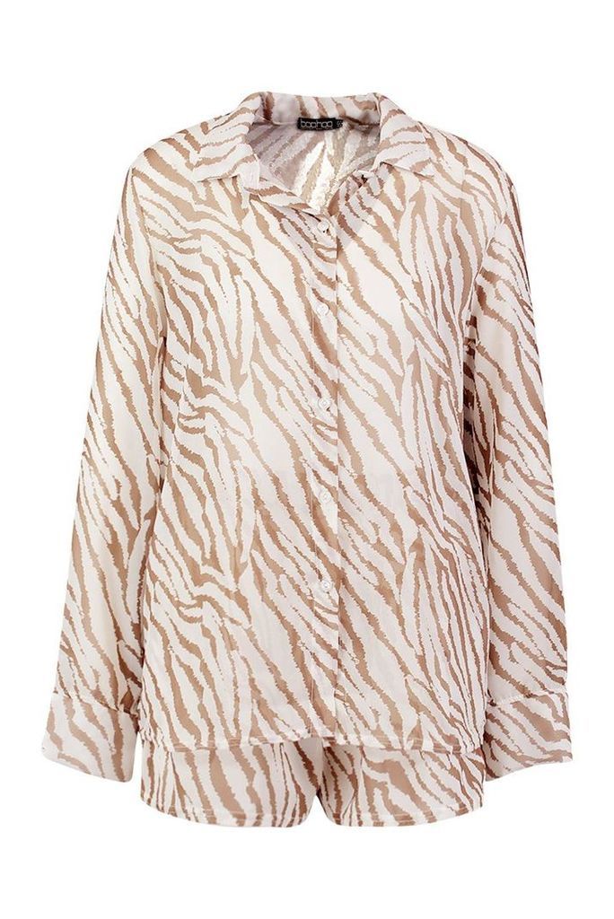 Womens Tiger Shirt & Short Beach Co-Ord - Brown - Xl, Brown