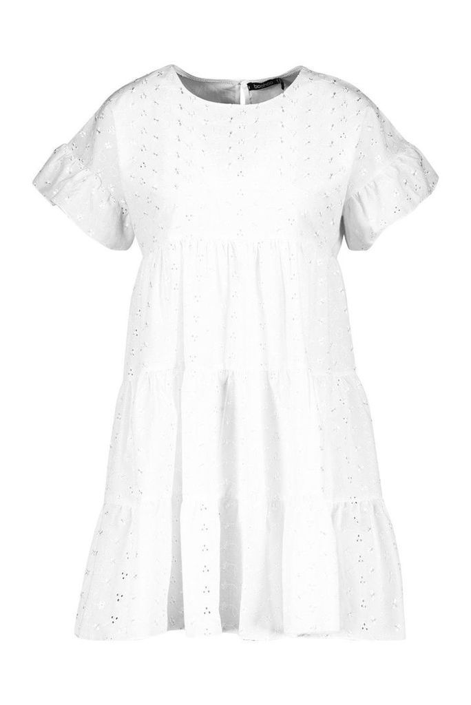 Womens Broderie Anglaise Smock Dress - White - 8, White