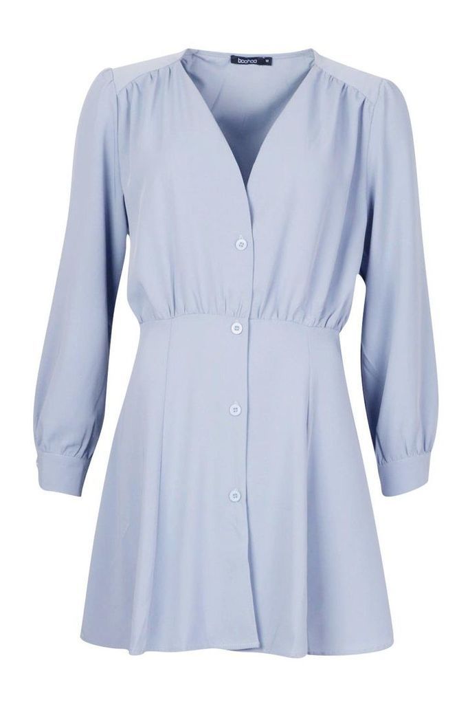 Womens Button Through Volume Sleeve Smock Dress - blue - S, Blue