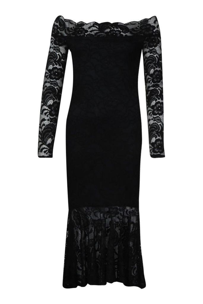 Womens Off The Shoulder Lace Fishtail Midi Dress - black - 8, Black