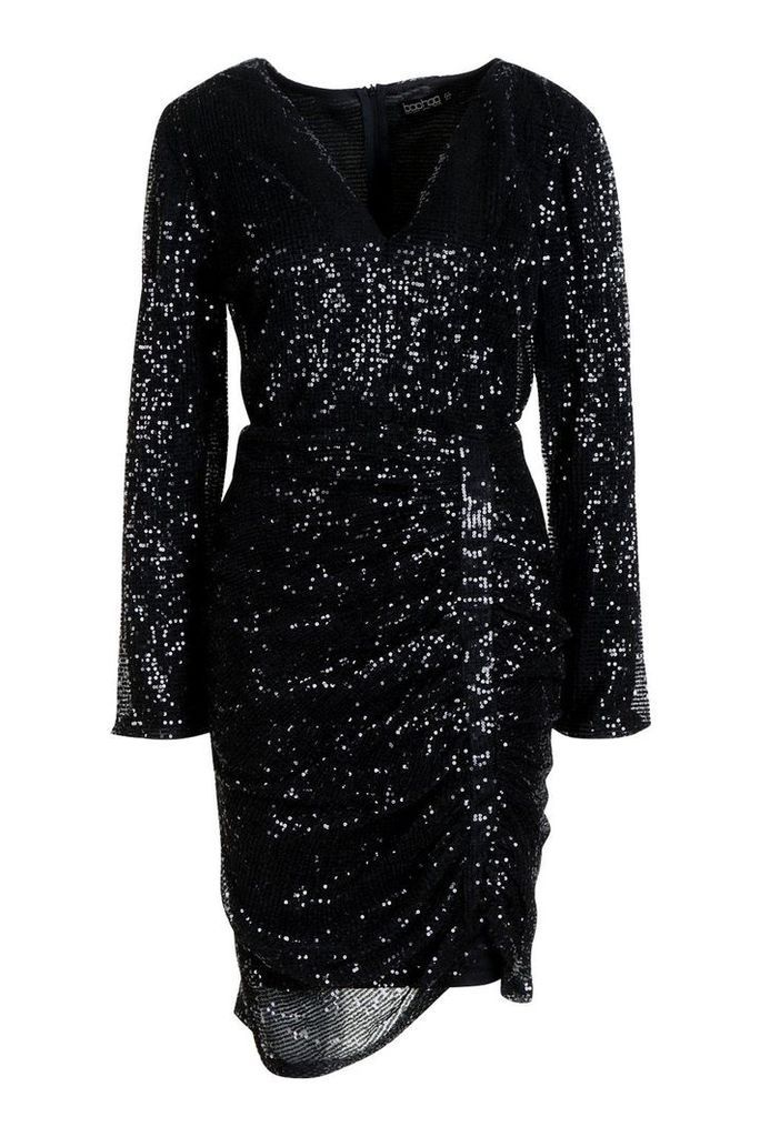 Womens Premium Sequin Ruched Side Bodycon Dress - black - M, Black
