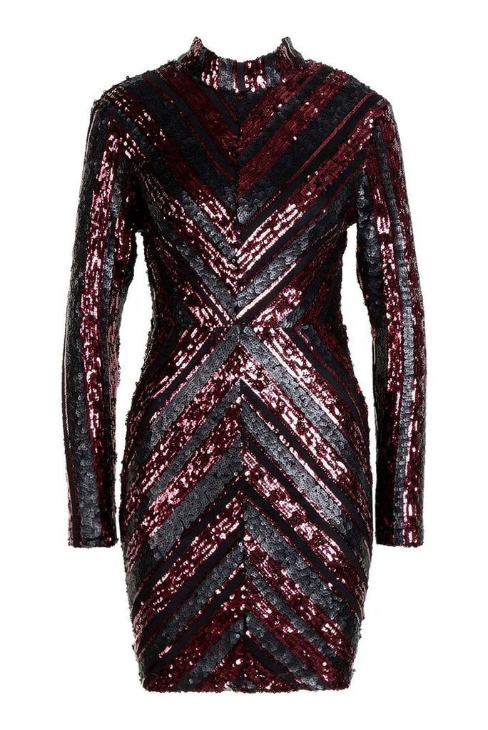 Womens High Neck Sequin Bodycon Dress - red - L, Red