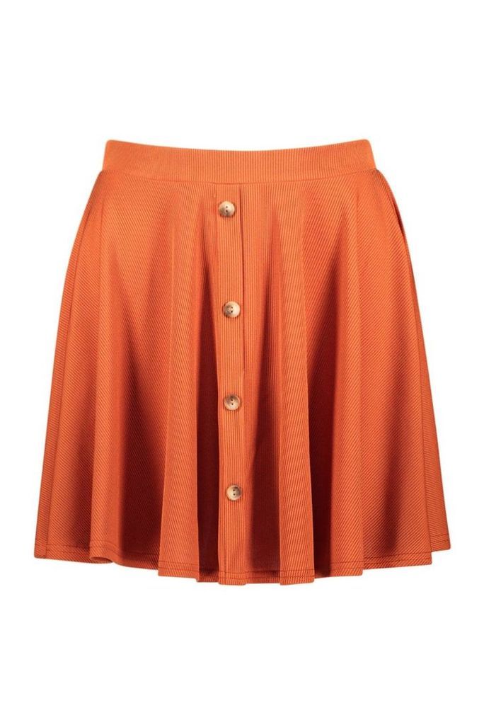 Womens Basic Button Front Ribbed Skater Mini Skirt - Orange - 12, Orange