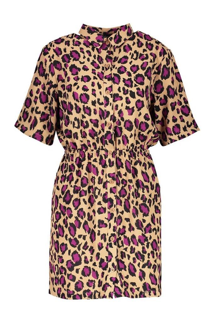 Womens Woven Leopard Button Through Shirt Dress - beige - 10, Beige