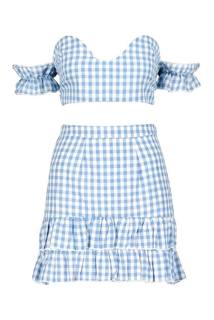 Womens Woven Gingham Twist Top + Skirt Co-Ord Set - Blue - 12, Blue