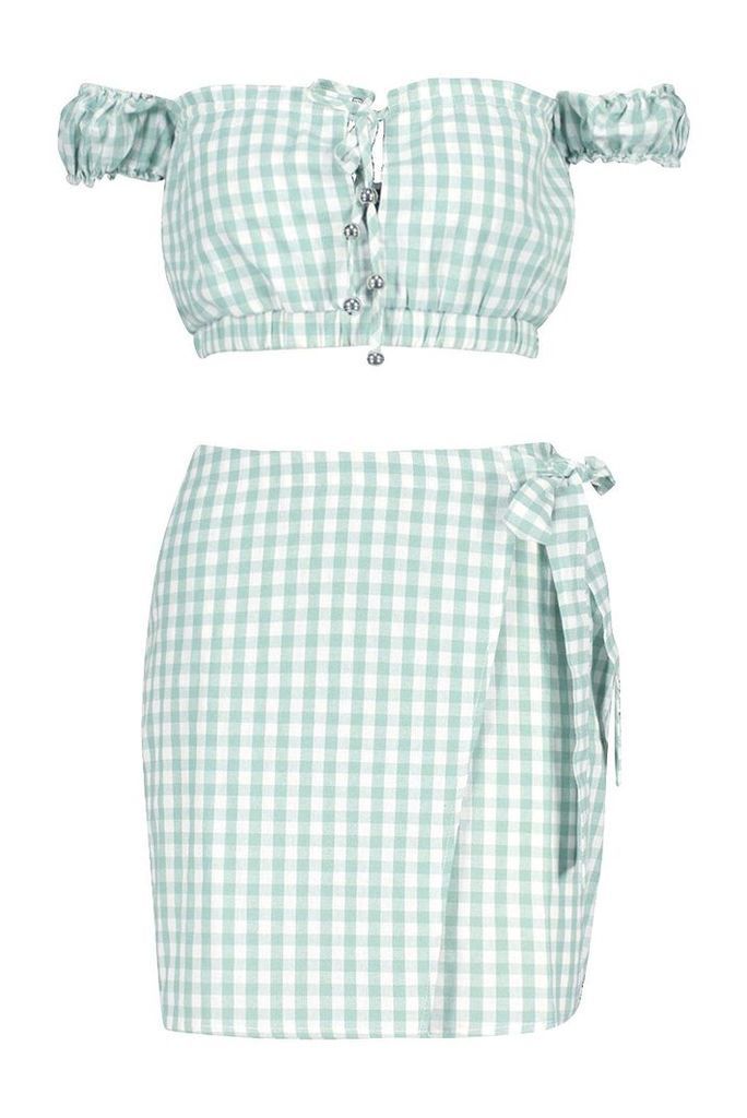 Womens Gingham Bardot Tie Detail + Wrap Skirt Co-Ord - green - 14, Green