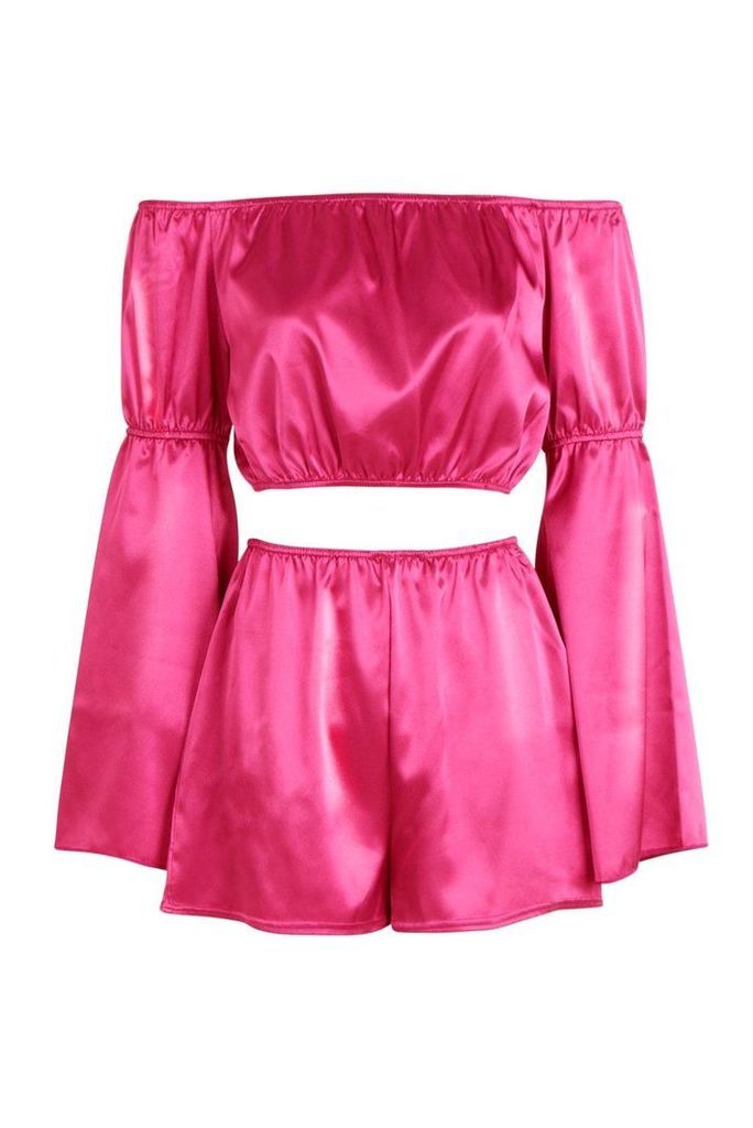 Womens Volume Sleeve Bardot Crop Top + Short Co-Ord - Pink - 6, Pink