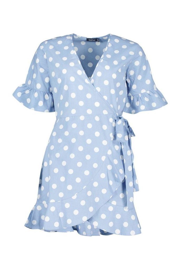 Womens Linen Woven Spot Tie Ruffle Tea Dress - blue - 8, Blue