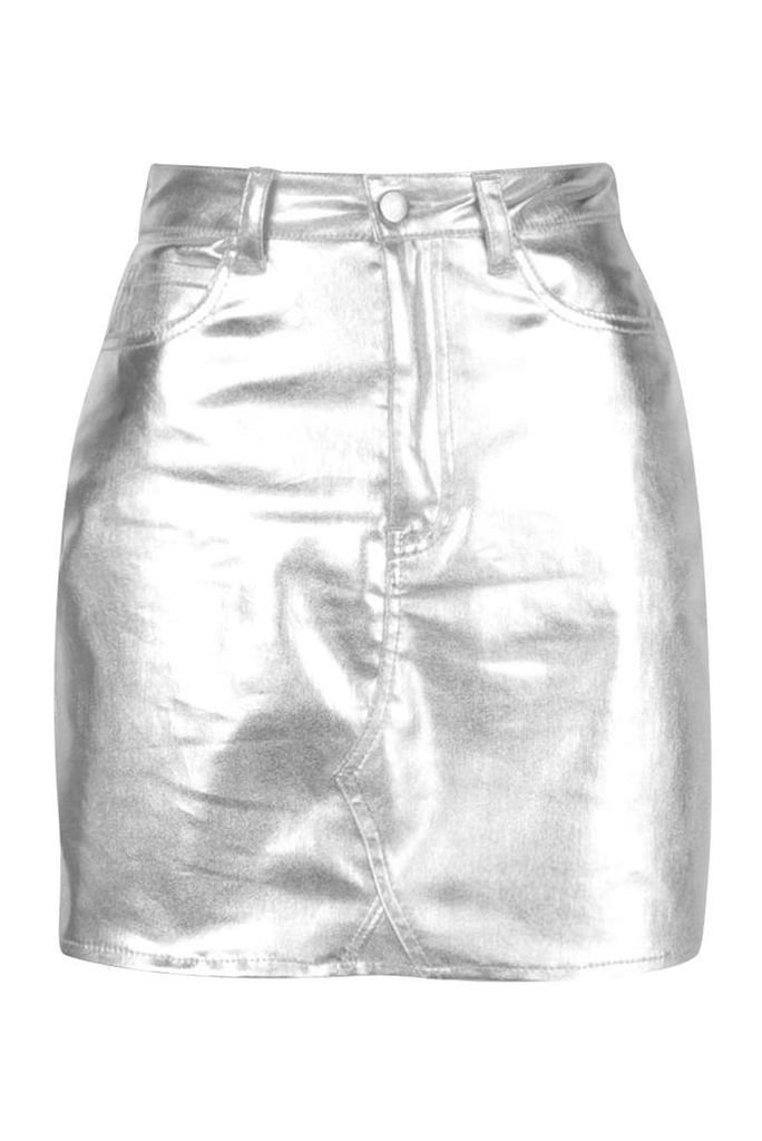 Womens Metallic Denim Mini Skirt - grey - 6, Grey
