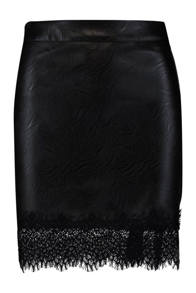 Womens Lace Trim Leather Look Skirt - Black - M, Black