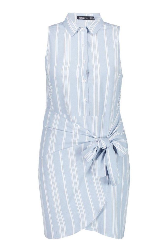 Womens Plus Stripe Tie Waist Sleeveless Shirt Dress - blue - 22, Blue