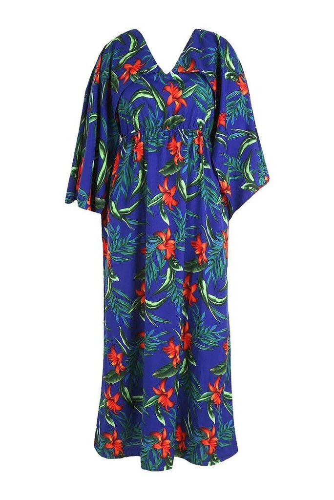 Womens Plus Jaimie Tropical Kimono Sleeve Maxi Dress - blue - 24, Blue