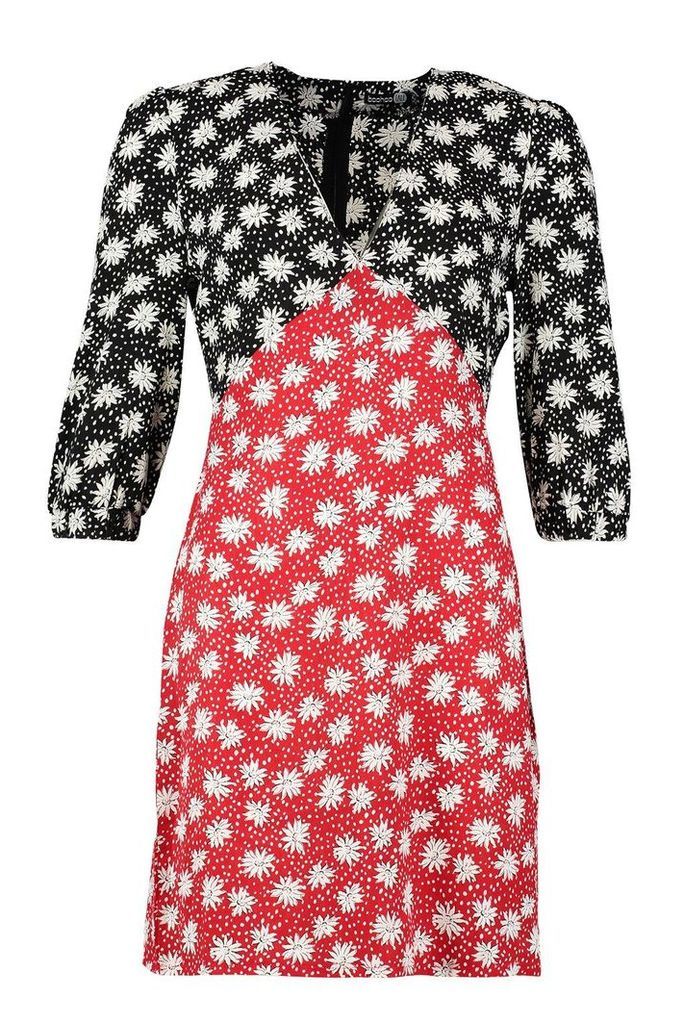 Womens Tall Contrast Print Puff Sleeve Dress - red - 8, Red