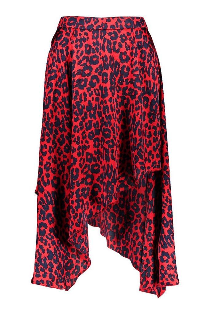 Womens Satin Leopard Asymmetric Midaxi Skirt - red - 8, Red