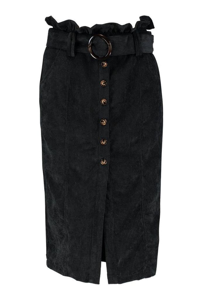 Womens Cord Paperbag Button Midi Skirt - Black - 12, Black