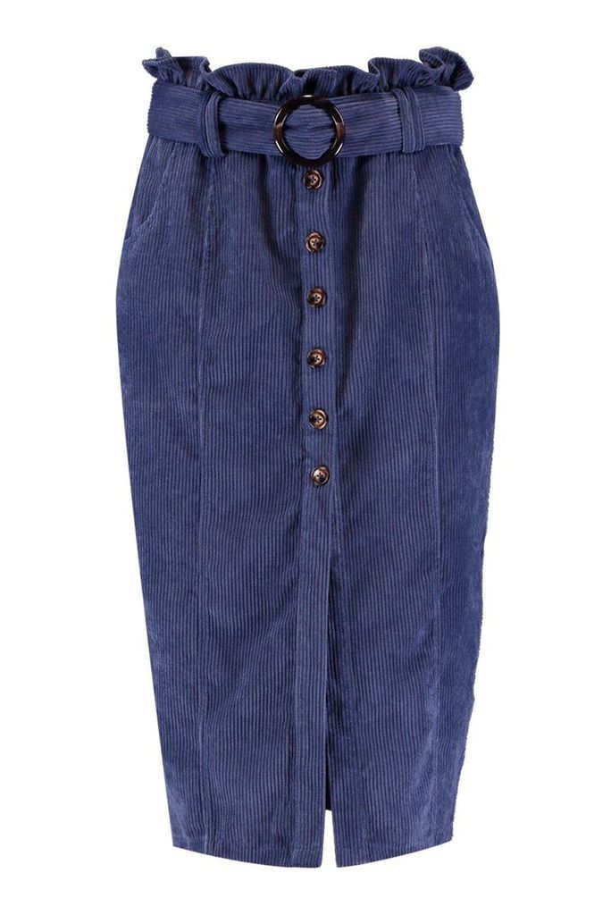 Womens Cord Paperbag Button Midi Skirt - Blue - 10, Blue