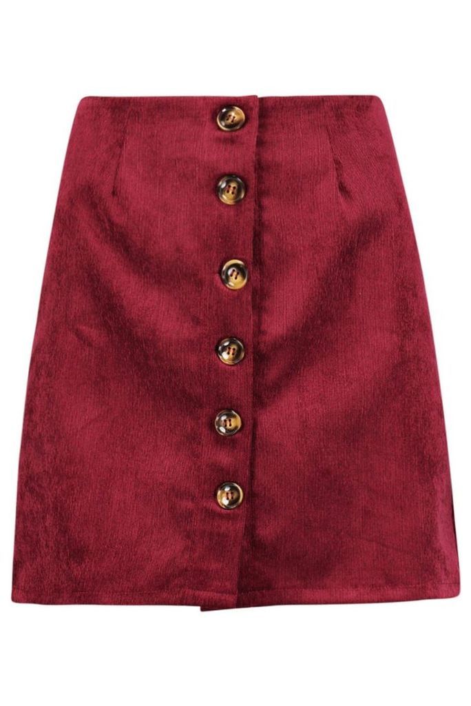 Womens Baby Cord Button Through Skirt - red - L, Red