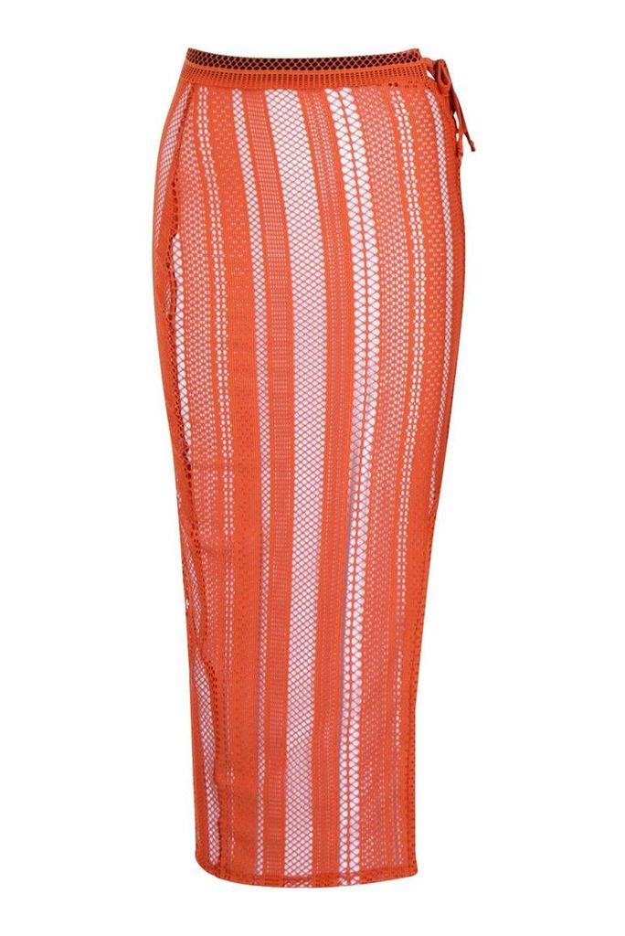 Womens Tall Fishnet Lace Up Side Split Maxi Skirt - orange - 14, Orange