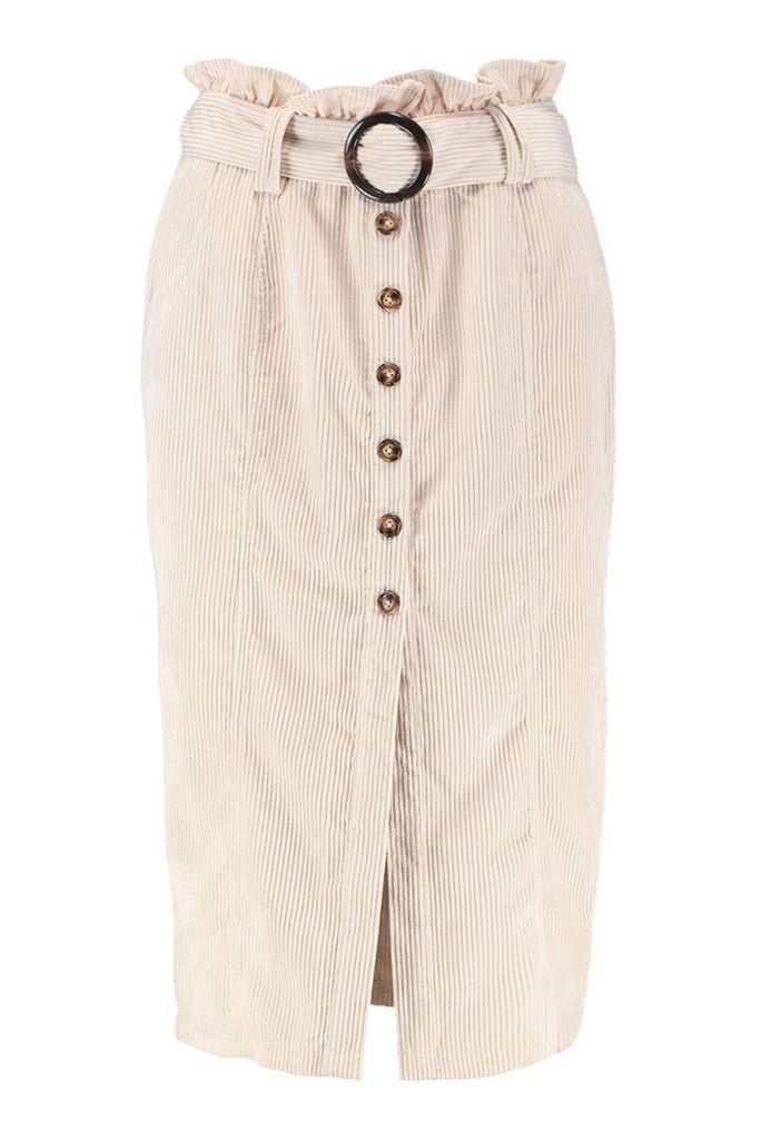 Womens Cord Paperbag Button Midi Skirt - Cream - 12, Cream