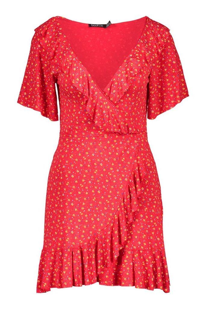 Womens Ditsy Floral Wrap Ruffle Tea Dress - Red - 8, Red